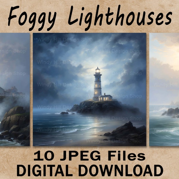 Foggy Lighthouses, 10 JPEG Bundle, Digital Scrapbook Junk Journal Paper Clipart Scenes, Seascapes Ocean Views Night Fog Waves Commercial Use