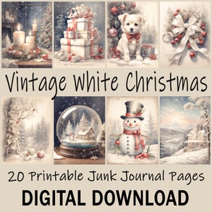 Páginas de diário de lixo imprimíveis de Natal branco, papel de scrapbook vintage aquarela de férias de inverno, papel digital para registro no diário, fabricação de cartões
