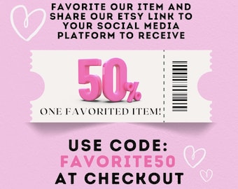 ¡CUPÓN GRATIS para usar en nuestra tienda! Recibe un 50% de descuento en un solo artículo por darle "Me gusta" a un producto y compartir nuestra tienda de Etsy en tus redes sociales.