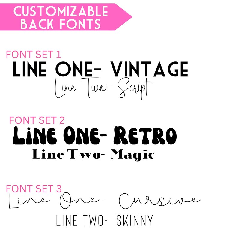 K&ouml;nnte beinhalten: Drei Schriftarten f&uuml;r personalisierbare R&uuml;ckseiten. Die erste Schriftart ist eine fette, blockige Schrift mit dem Text "LINE ONE- VINTAGE" und eine Schreibschrift mit dem Text "Line Two- Script". Die zweite Schriftart ist eine Retro-Schrift mit dem Text "LINE ONE- RETRO" und eine Standardschrift mit dem Text "Line Two- Magic". Die dritte Schriftart ist eine Kursivschrift mit dem Text "Line One- Cursive" und eine d&uuml;nne, serifenlose Schrift mit dem Text "LINE TWO- SKINNY".