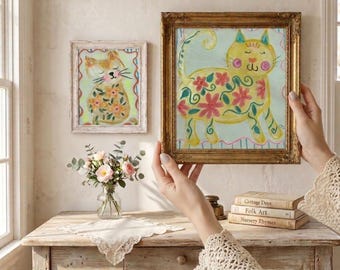 Conjunto de 2 cuadros de gatos, arte mural floral de gatos, retratos de mascotas en acrílico original, arte botánico de animales, regalo para amantes de los gatos, decoración del hogar.