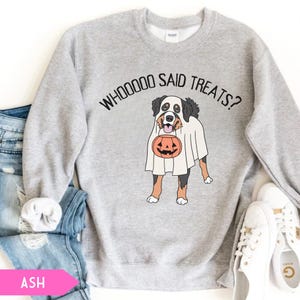 May include: Ash gray sweatshirt with a graphic of a dog dressed as a ghost holding a pumpkin. The text "WHOOOOO SAID TREATS?" is arched above the dog. The sweatshirt is paired with blue jeans and white sneakers.