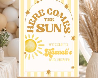Letrero de bienvenida "Aquí viene el sol" para baby shower / Pancarta de bienvenida "Pequeño rayo de sol" / Descarga instantánea personalizada