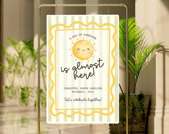Letrero de bienvenida para baby shower "Aquí viene el sol" - Pequeño rayo de sol - Editable - Imprimible - Personalizado - Descarga instantánea