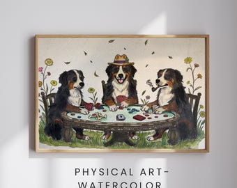 Acuarela vintage de un perro de montaña bernés jugando al póker. Regalo para una pareja de Las Vegas.