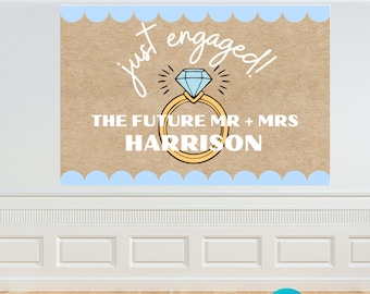 Plantilla personalizable de pancarta de papel de carnicero "Just Engaged" (Recién comprometidos) para fiestas de compromiso, letrero de papel marrón para proyectar y calcar (descarga digital).
