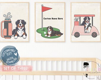 Lámina artística vintage de perro de montaña bernés, impresión de perro bernés, arte de pared imprimible, impresiones de golf sobre la cuna, letrero para guardería, regalo único para baby shower