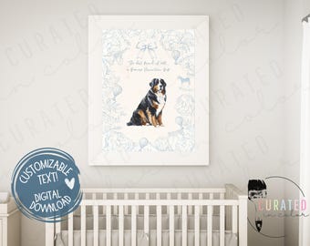 Impresión artística vintage de perro de montaña bernés, perro bernés, arte de pared imprimible, regalo único para baby shower, habitación de perro, letrero sobre cuna, regalo para bebé nuevo