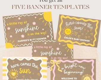 Here Comes the Sun Baby Shower Banner Bundle | 5 Editable Templates | A Little Ray of Sunshine Is on the Way | Project and Paint Party Decor
