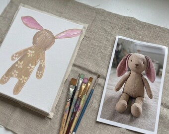 Retrato personalizado de animal de peluche, ilustración de juguete en acuarela, arte de juguete de peluche, impresión para guardería, recuerdo de la infancia, juguete favorito personalizado para perros