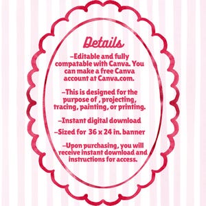 May include: A pink and white digital download banner design. The banner is sized for 36 x 24 inches and features an oval frame with the word "Details" in a script font. The text describes the banner's compatibility with Canva.