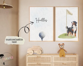 Lámina artística vintage de perro de montaña bernés, impresión de perro bernés, arte de pared imprimible, impresiones de golf sobre la cuna, letrero para guardería, regalo único para baby shower