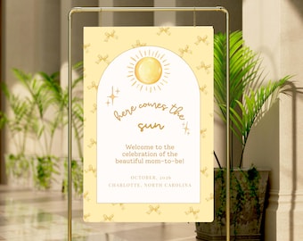 Letrero de bienvenida para baby shower "Aquí viene el sol" - Pequeño rayo de sol - Póster imprimible editable - Descarga instantánea personalizada