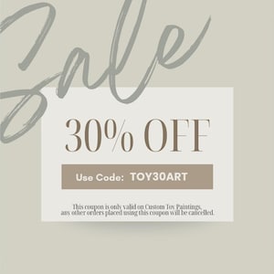 Puede incluir: Un gráfico promocional rectangular sobre un fondo beige claro con la palabra Sale en letra cursiva gris grande. El texto 30% OFF aparece en marrón, seguido de una barra marrón con el código TOY30ART y texto sobre la validez en Custom Toy Paintings.
