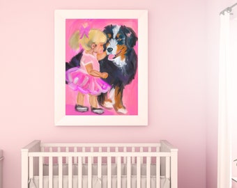 Ilustración infantil de perro de montaña bernés, pintura de niña y cachorro (descarga digital)