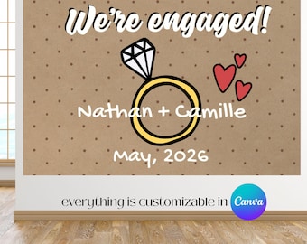 Plantilla personalizable de pancarta de papel de carnicero "Just Engaged" (Recién comprometidos) para fiestas de compromiso, letrero de papel marrón para proyectar y calcar (descarga digital).