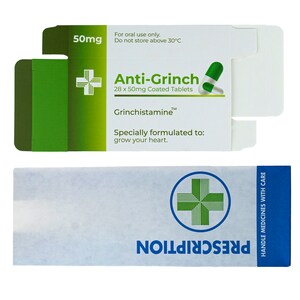 May include: A green and white box of Anti-Grinch 50mg coated tablets. The box has a green cross and the text "For oral use only. Do not store above 30&deg;C". The box also has a green and white pill illustration.