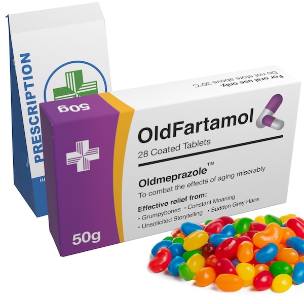 OldFartamol Jelly Beans: Funny Birthday Gift with Prescription Bag