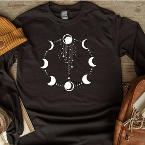 Mystic Moon Phases Long Sleeve Shirt, Celestial Moon Long Sleeve, Crescent Witchy Moon Tee, Moon And Stars Sweatshirt, Astrology Moon Shirts