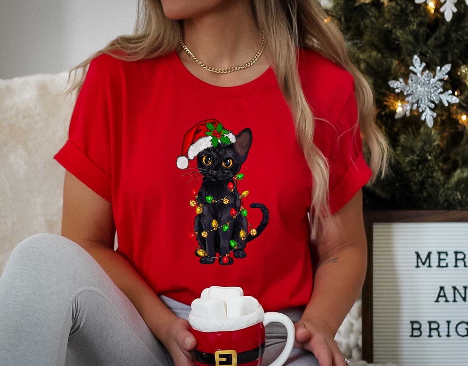 Christmas Black Cat Lights Shirt Cute Christmas Animal T shirt