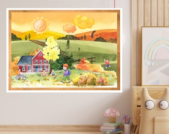 Children's country landscape wall art,Children's country landscape illustration,Wall art country landscape with children orange shades