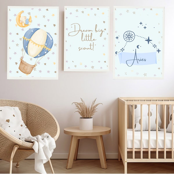 Zodiac signs wall art, nursery wall prints, set of 3 nursery wall, zodiac signs, children's wall decoration, zodiac sign and custom color.