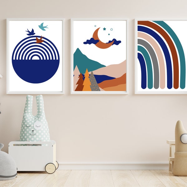 Boho Nursery Print Set of3,Sun Rainbow Moon Baby Room Poster