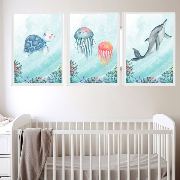 Under the Sea, Watercolor Wall Art, Set of 3 Nautical Prints, Ocean Wall Art, Nursery Wall Decor, Nautical Nursery, Nursery Printables