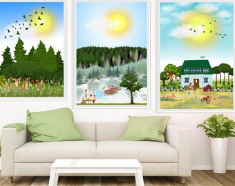 Children's country illustrations ,wall art landscape lake,landscape country house with children playing