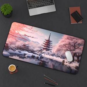 Winter Anime Japanese Pagoda Desk Mat, Gaming Desk Mat, Deskmat Lofi, Anime Aesthetic, Lo-Fi Deskmat, Desk Mat Anime, Japanese Style Mat.