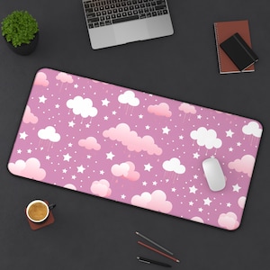 Kawaii Cloud Desk Mat, Cute Pink Gaming, Cozy Anime Large Deskmat, Lofi Aesthetic, Girly Japanese Keyboard Mat, Teacher Desk Accessory