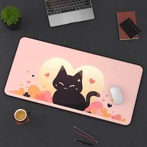 Kawaii Cat Valentine&#39;s Desk Mat, Cute Love Theme Gaming Mat, Large Anime Cat Deskmat, Girly Japanese Style, Cozy Keyboard Pad, Cute Decor