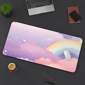Pastel Clouds & Rainbows Desk Mat, Kawaii Cloud Mouse Pad, Colorful Sky Art, Extra Large Lofi Anime Mat, Cute Office Decor, Gaming Pad