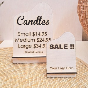 Custom freestanding wooden signs for businesses, personalized laser cut timber price board for markets & fairs. Wave