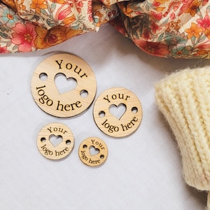 custom wooden tags laser cut engraved personalized logo, timber sew in tags for crochet & knitting, engraved handmade swing tag Heart