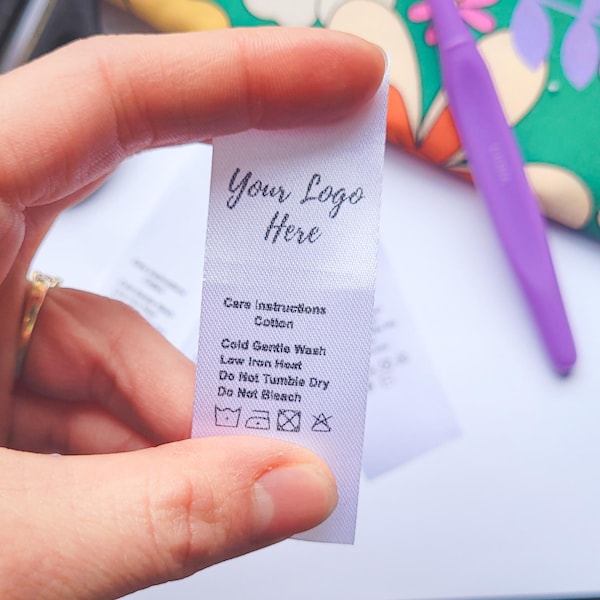 Care labels sew in label | Custom logo Clothing labels | fabric fold over tag Satin Cotton linen polyester wool bulk 25 100 250 500 1000