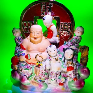 Massive Ceramic Statue of Laughing Buddha with Five Children and Symbols of Fertility and Prosperity
