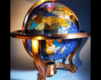 Large Blue Semi Precious Stone Globe in Copper Colored Stand--Blue Ocean Sparkles!