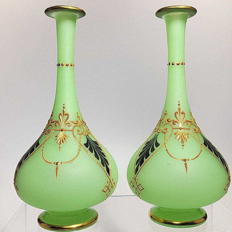 Pair of Green Opaline Glass Vases with Gold and Green DecorationBaccarat image 4