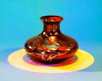 Loetz Small Amber Vase with Sterling Silver Overlay--A Tiny Beauty!