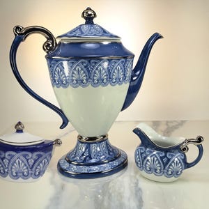 The Bombay Company Blue Arabasque or Tile Coffee Pot, Sugar and Creamer