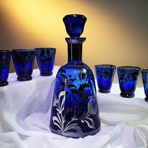 Vintage Cobalt Blue Glass Decanter with Six Cordial Glasses--Silver Overlay
