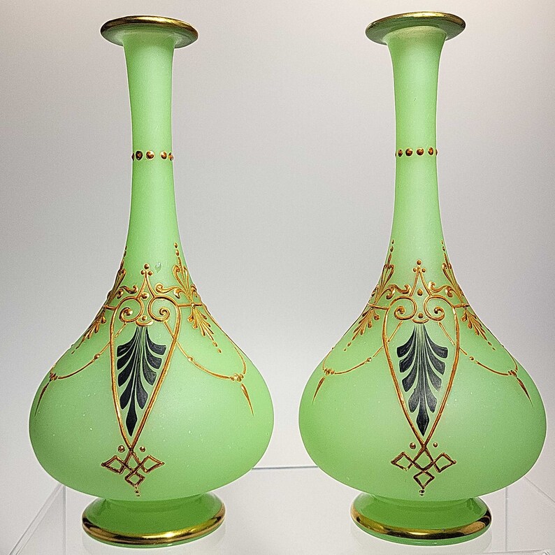Pair of Green Opaline Glass Vases with Gold and Green DecorationBaccarat image 3