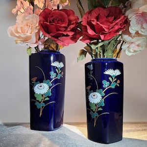 Pair of Cobalt Blue Fukagawa Arita Porcelain 9 Inch Vases with Hand Painted Flowers