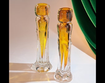 Amber and Silver Aventurine Art Glass Candlesticks
