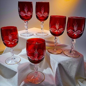 Six Cranberry Luster Wine Glasses, Cut to Clear, with Twisted Stems--Fabulous!