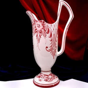 White and Red Floral Portuguese Pitcher--Fourteen Inches Tall with Unusual Handle