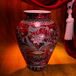 Asian Vase With Deep Burgundy Color, Incised Areas, and Art  Deco Motifs