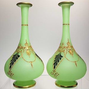 Pair of Green Opaline Glass Vases with Gold and Green DecorationBaccarat image 6