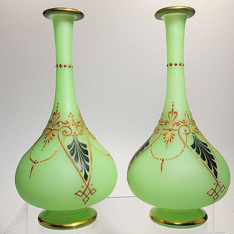 Pair of Green Opaline Glass Vases with Gold and Green DecorationBaccarat image 5